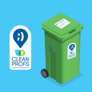 De Cleanprofs sticker wordt aan de zijkant van de kliko geplakt.